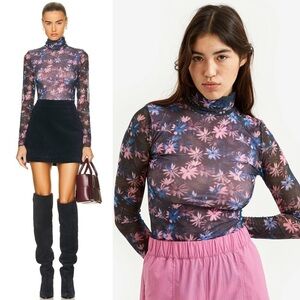 GANNI 90s Daisy Print Sheer Mesh Long Sleeve‎ Lightweight Turtleneck Slim Top XS